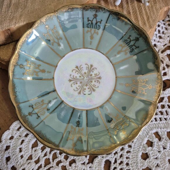 SHAFFORD Vintage Porcelain 3 Feet Cup & Saucer - Turquoise, Gold & Purple - Picture 7 of 8